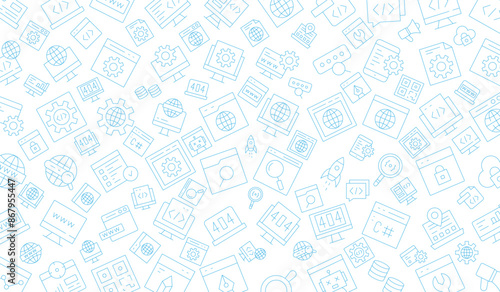 Software development seamless pattern with line icons. Programming language background, application, computer program develop vector illustration. Outline wallpaper for website design.