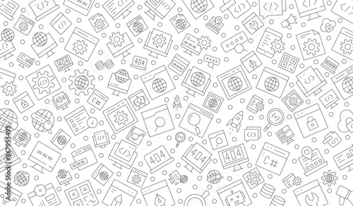 Software development seamless pattern with line icons. Programming language background, application, computer program develop vector illustration. Outline wallpaper for website design.