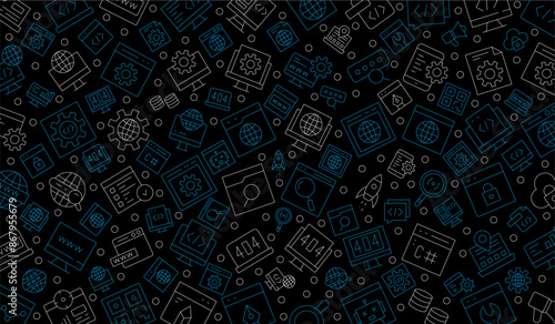 Software development seamless pattern with line icons. Programming language background, application, computer program develop vector illustration. Outline wallpaper for website design.