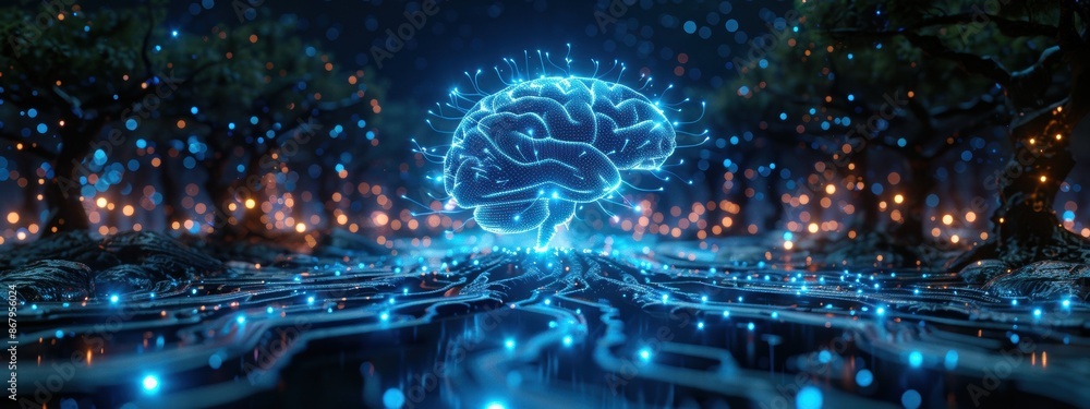 Fototapeta premium Brain decorated with blue glowing electrical circuits.