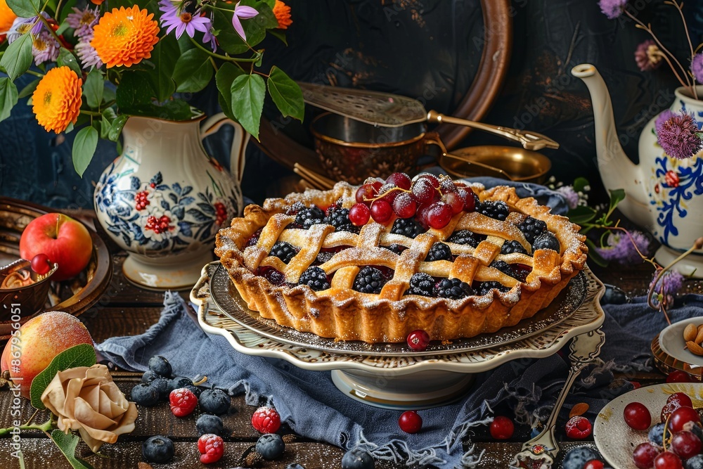 A freshly baked berry pie with a lattice crust sits on a vintage cake stand, surrounded by fresh berries, a teapot, and a bouquet of wildflowers. Generative AI