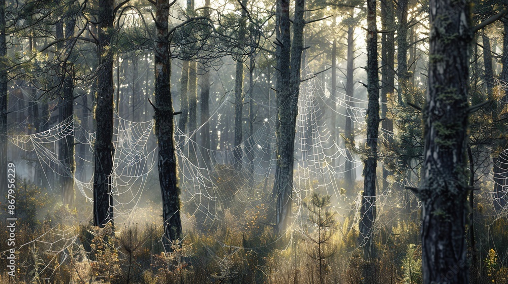 Fototapeta premium Enchanting Misty Morning in Pine Forest: Sunlight-Adorned Dewy Spiderwebs