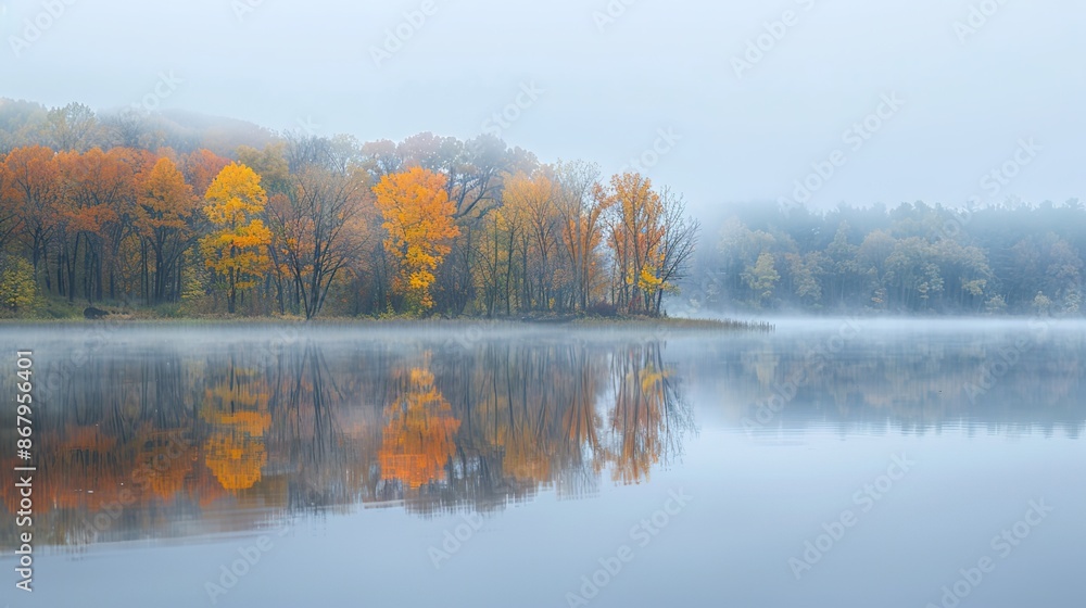 Tranquil Autumn Reflections: Serene Lake with Vibrant Fall Colors and Misty Morning Aura Tranquil Autumn Reflections: Serene Lake with Vibrant Fall Colors and Misty Morning Aura