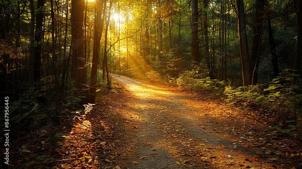 Fototapeta premium Enchanting Autumn Forest Trail with Dappled Sunlight - An Invitation to Explore Nature's Beauty
