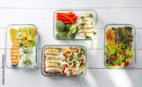 Healthy meal. Containers with different products on white wooden table, flat lay © New Africa
