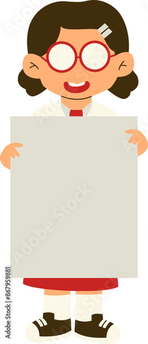Indonesian elementary student holding banner