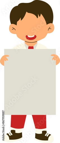 Indonesian elementary student holding banner