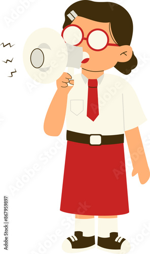 Indonesian elementary student holding megaphone