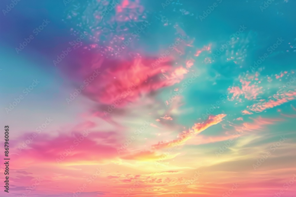 Vibrant Sunset Sky with Pink and Turquoise Clouds, Colorful Abstract Nature Background for Fantasy or Dreamlike Themes Vibrant Sunset Sky with Pink and Turquoise Clouds, Colorful Abstract Nature Background for Fantasy or Dreamlike Themes