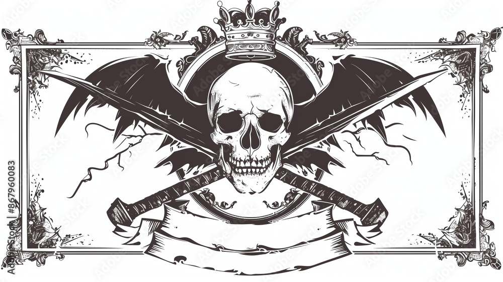 王冠の髑髏,紋章の周りに白い枠線, 枠の下端に白いバナー, デザイン中央にバナー用の白いリボン。Skull on crown, white ...