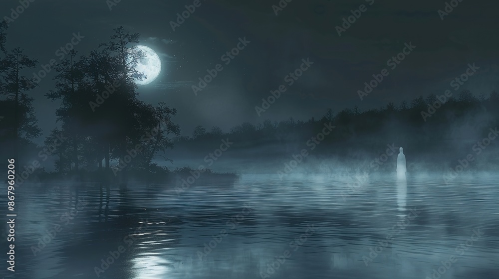 Eerie Ghostly Figure Rising from Misty Lake Under Moonlight Eerie Ghostly Figure Rising from Misty Lake Under Moonlight