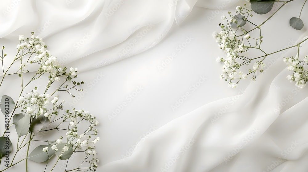 Obraz premium Styled stock photo. Feminine wedding desktop mockup with babys breath Gypsophila.