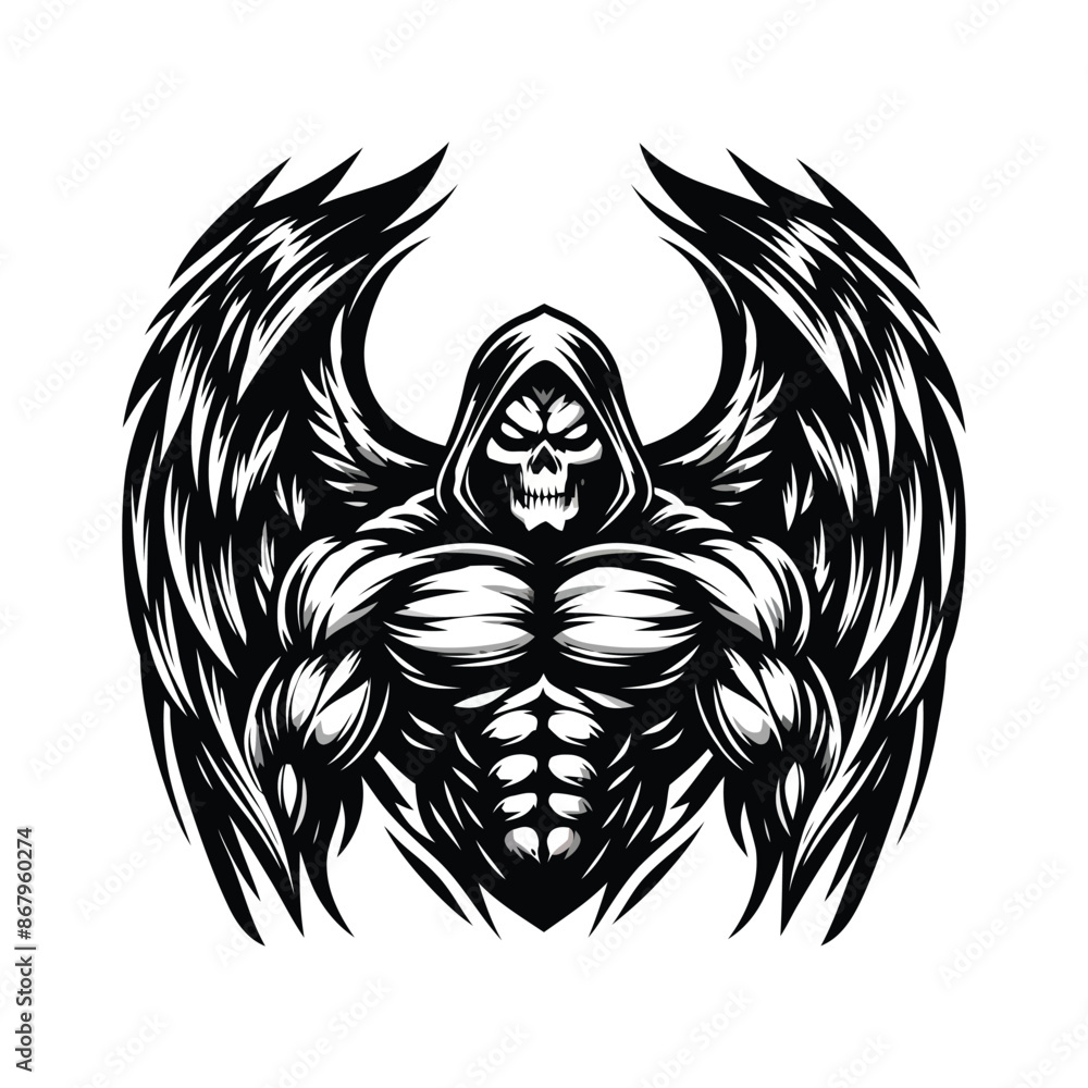Illustration of a fierce Angel of Death in black and white