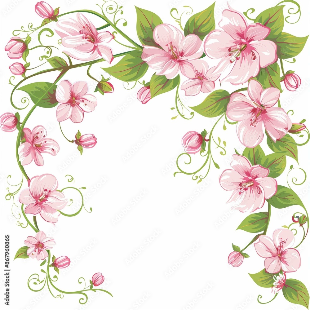 Elegant Pink Floral Corner Frame Illustration with Delicate Green Leaves Elegant Pink Floral Corner Frame Illustration with Delicate Green Leaves