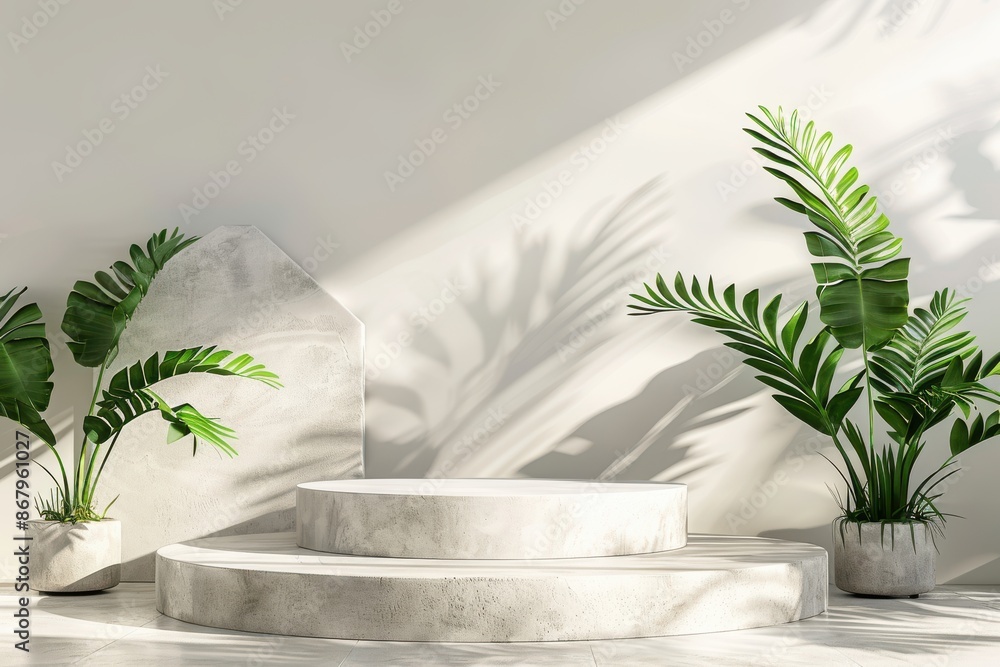 Minimal white marble podium with green plants and leaf shadow for product placement. Concept of beauty, cosmetics, natural, organic, or wellness. Minimal white marble podium with green plants and leaf shadow for product placement. Concept of beauty, cosmetics, natural, organic, or wellness.