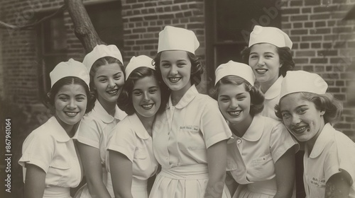 Group Portrait of Smiling Women in White Uniforms