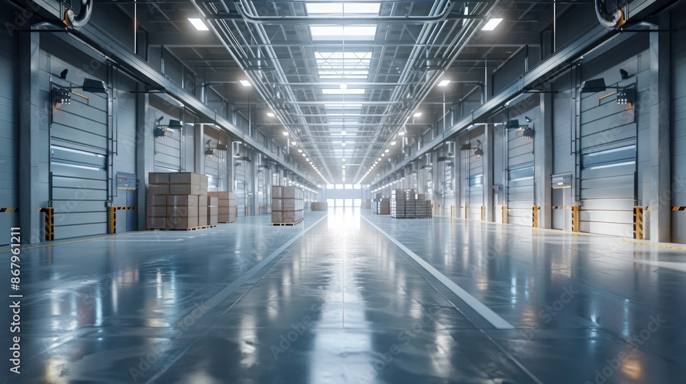 Empty Industrial Warehouse with Bright Lights and Cargo Bays Empty Industrial Warehouse with Bright Lights and Cargo Bays