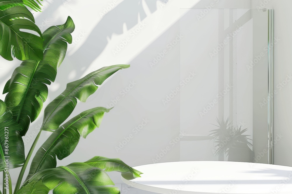 Minimal empty white podium platform with green tropical banana leaves and sunlight shadow on white wall background for product placement 3d rendering illustration Minimal empty white podium platform with green tropical banana leaves and sunlight shadow on white wall background for product placement 3d rendering illustration