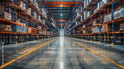 Fototapeta Naklejka Na Ścianę i Meble -  A Spacious Empty Warehouse With Shelving