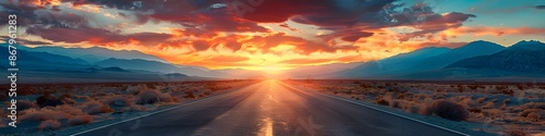 A deserted road stretching straight into the horizon with a stunning sunset and mountains in the background