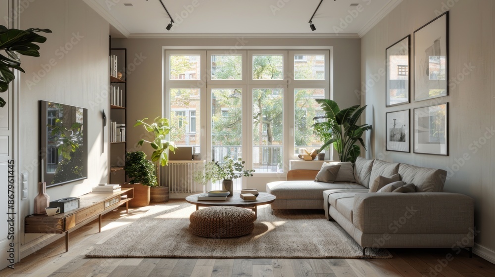 Modern Living Room with Sectional Sofa and Large Windows Modern Living Room with Sectional Sofa and Large Windows
