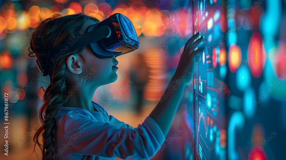 Young Child Engaged in Interactive Digital Exhibit at Museum: Exploring Virtual Reality Young Child Engaged in Interactive Digital Exhibit at Museum: Exploring Virtual Reality