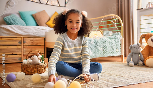 niña sentada feliz en su cuarto sobre un tapete con juguetes disfrutando de su niñez de su infancia photo