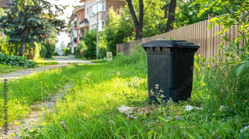 Residential property garden waste bin on green grass verge for collection Space for designing Residential property garden waste bin on green grass verge for collection Space for designing