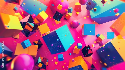 Abstract background of randomly scattered geometric shapes in vibrant hues photo