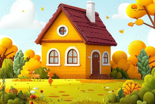 ywllow house in spring season on the yellow hill with yellow tree in spring season with bright color scheme with the sun bright and cloudy in cartoon style photo