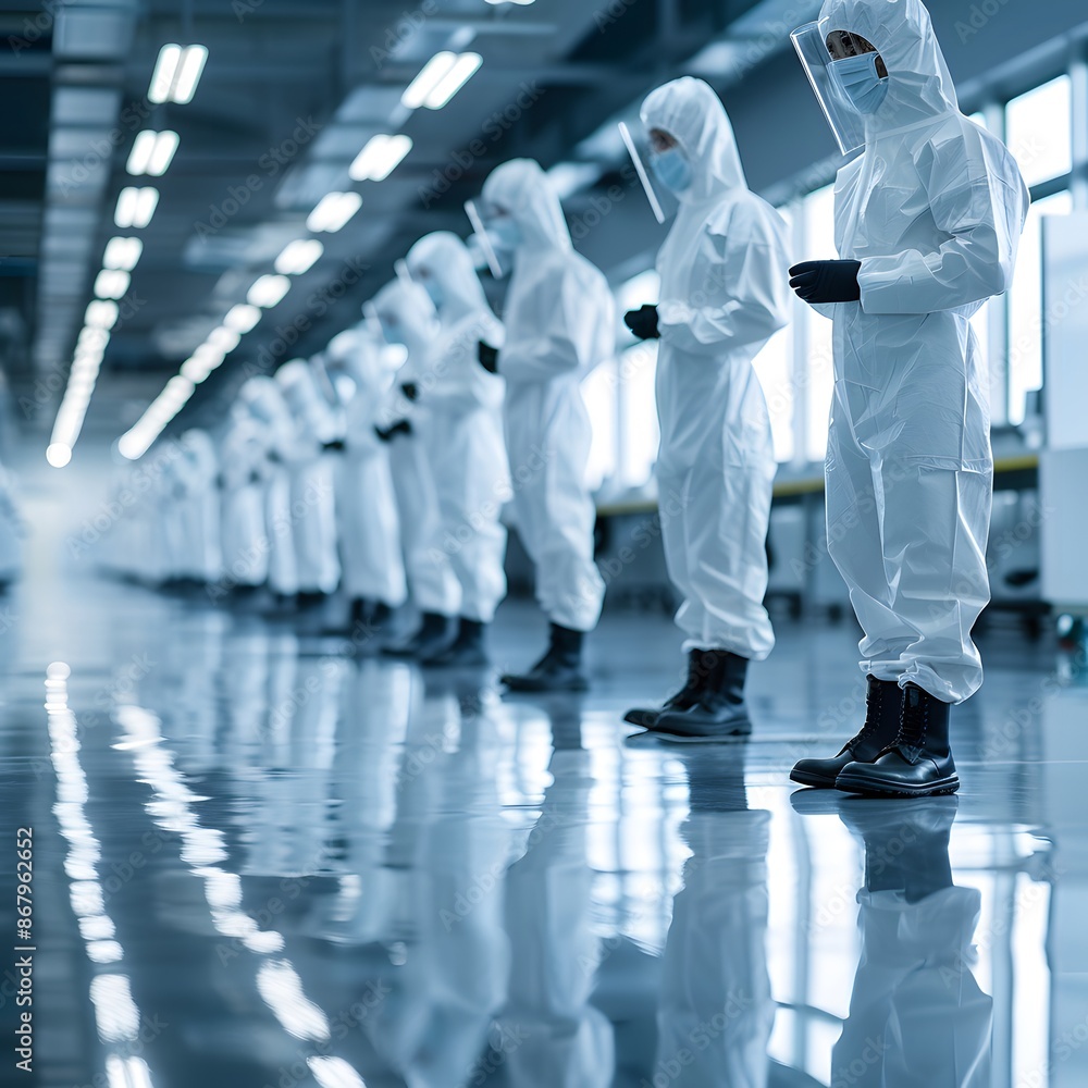 A Line of Workers in Protective Suits Stand in a Factory A Line of Workers in Protective Suits Stand in a Factory