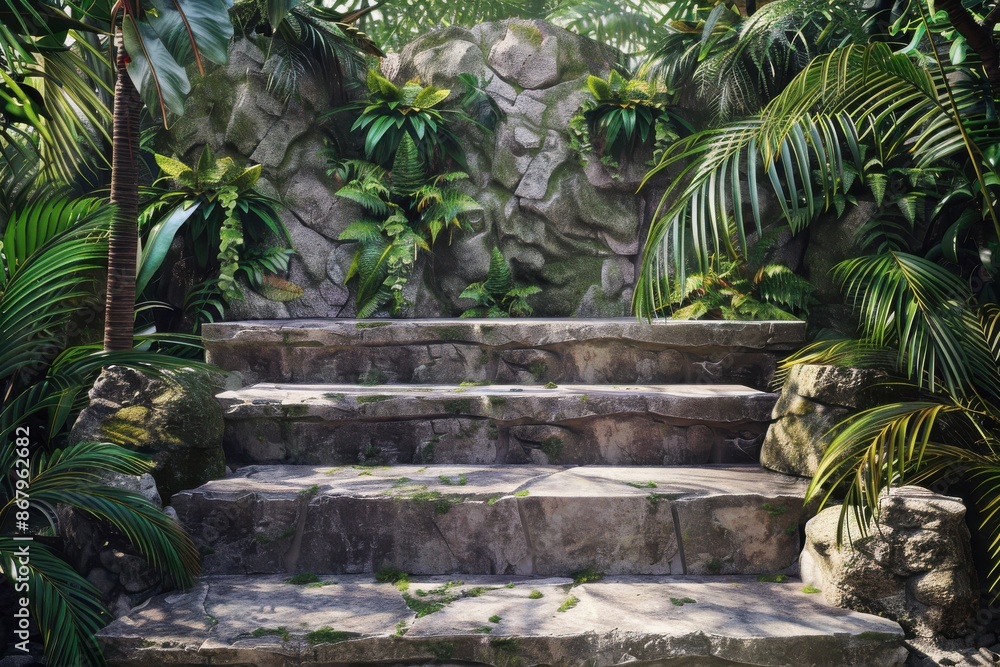 Ancient stone steps lead through lush jungle foliage in a tropical paradise. Concept of adventure, exploration, and nature. Ancient stone steps lead through lush jungle foliage in a tropical paradise. Concept of adventure, exploration, and nature.