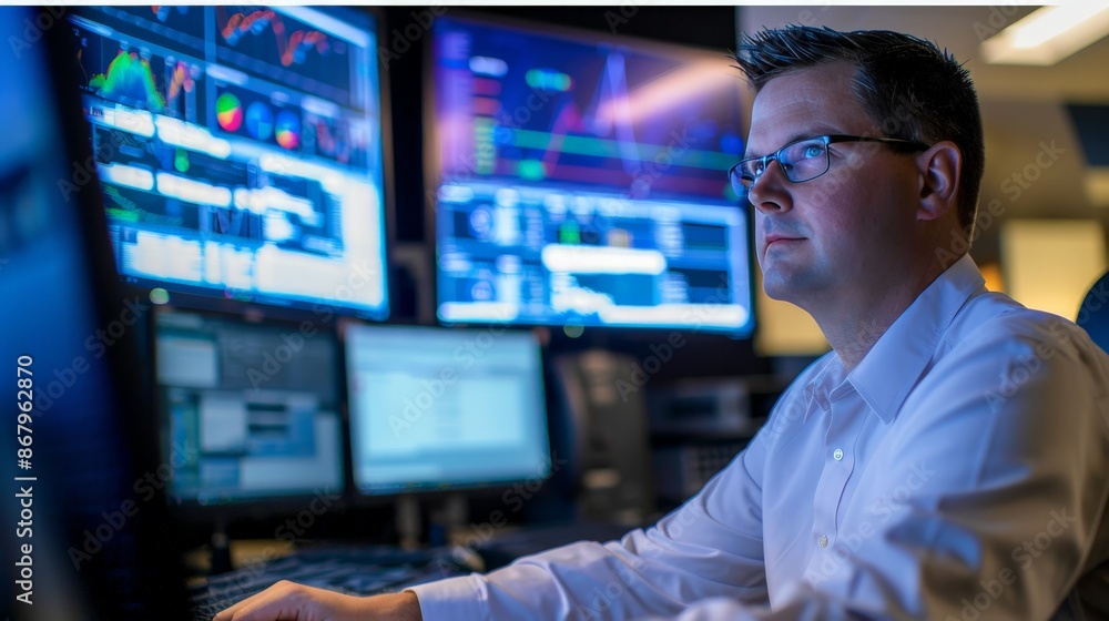 Cybersecurity expert working in a network operations center Cybersecurity expert working in a network operations center