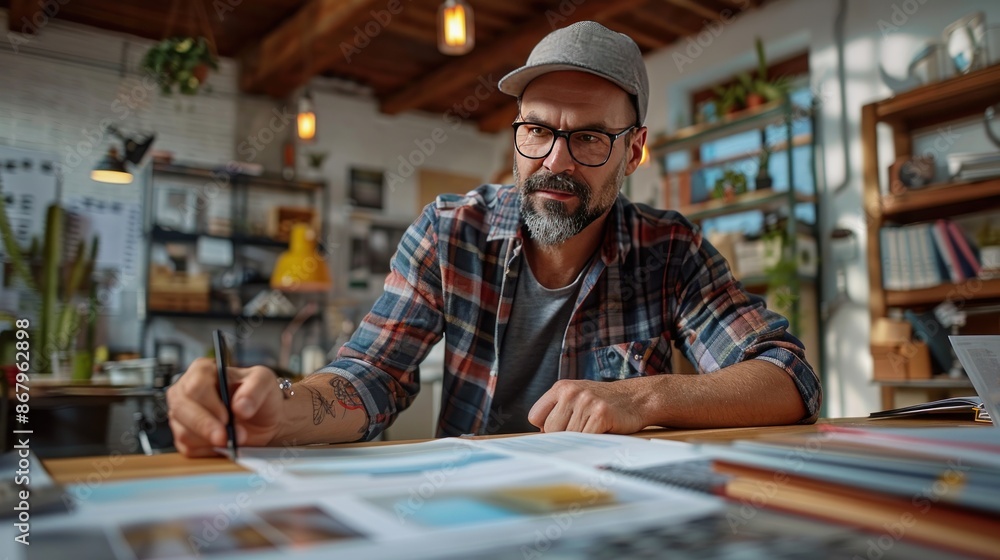 A Man Focused on His Work in a Cozy Workspace A Man Focused on His Work in a Cozy Workspace