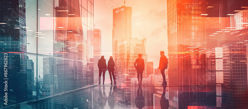 Corporate dialogue in a light-filled office with a double exposure cityscape, showcasing the blend of business and urban environments. © Peter