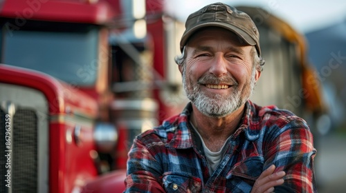 Smiling Truck Driver with Red Semi Truck in Background