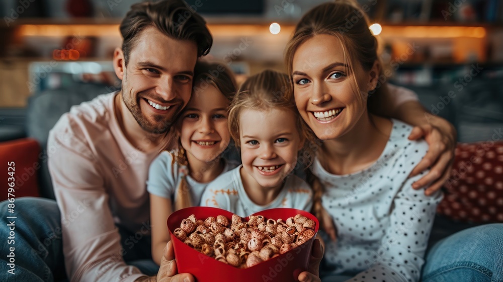 Happy Family with Red Heart Shaped Box of Popcorn Happy Family with Red Heart Shaped Box of Popcorn