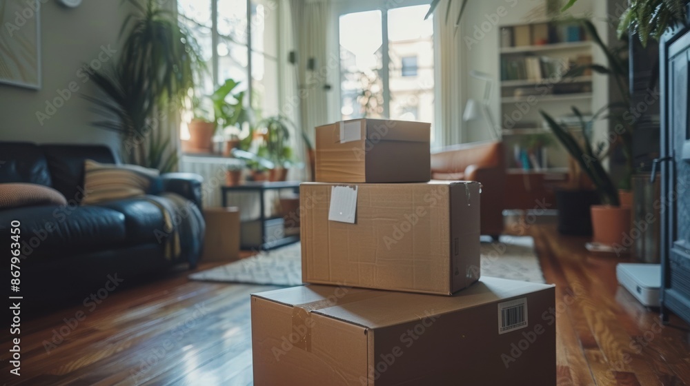 Stacked Cardboard Boxes in a Sunlit Living Room Stacked Cardboard Boxes in a Sunlit Living Room
