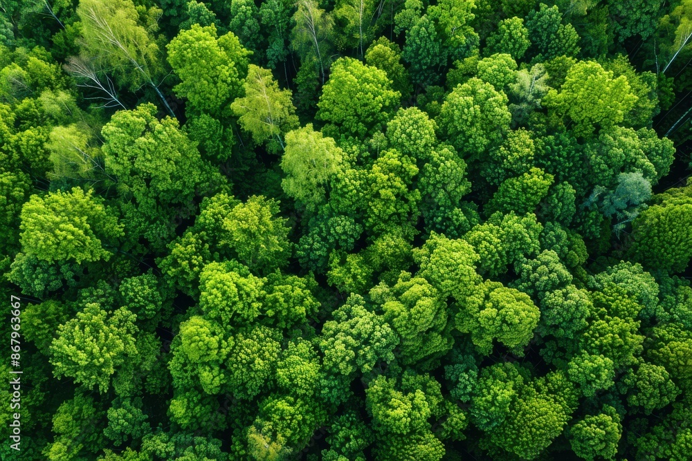 Fototapeta premium Aerial view of lush green forest canopy. Concept of nature, environment, conservation, and sustainability