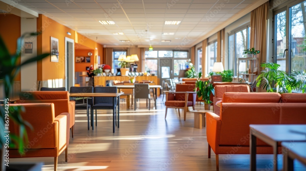Modern Lobby with Orange Couches and Sunlight Modern Lobby with Orange Couches and Sunlight