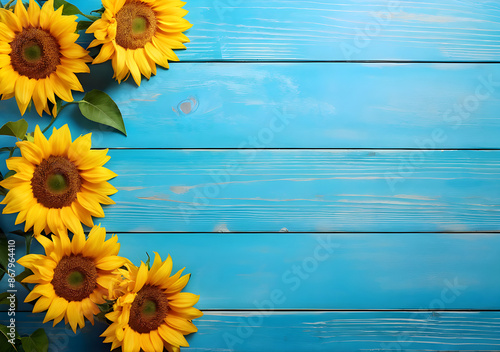 Autumn background with sunflowers on blue wooden board. Generative AI