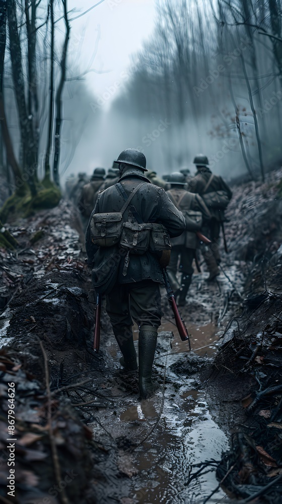 World War 1 Battle of Verdun: French Soldiers in a Muddy Trench Amidst a Foggy Forest World War 1 Battle of Verdun: French Soldiers in a Muddy Trench Amidst a Foggy Forest
