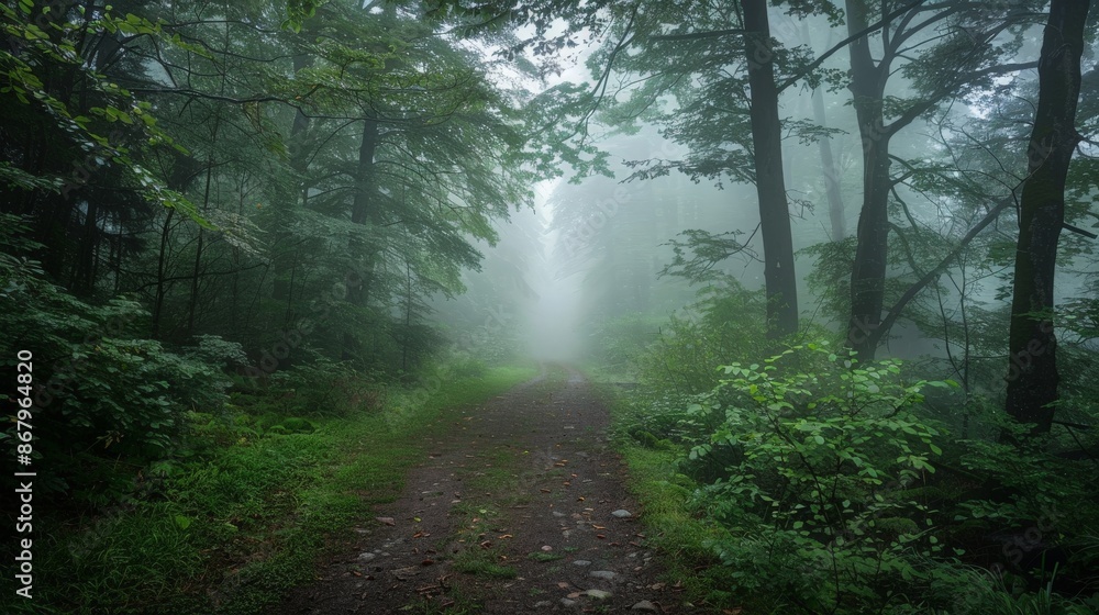 Obraz premium Dense fog covering a mysterious forest trail