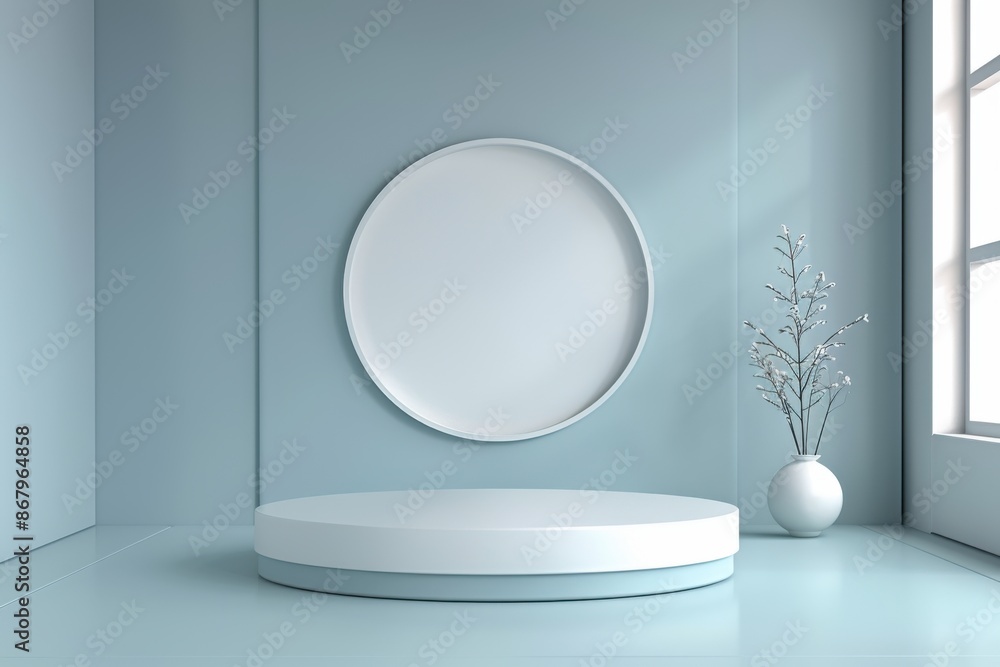 Minimalist 3D rendering of a blue room with a white podium, circular frame, and vase, perfect for product placement, showcasing a brand, or minimalist interior design concept Minimalist 3D rendering of a blue room with a white podium, circular frame, and vase, perfect for product placement, showcasing a brand, or minimalist interior design concept