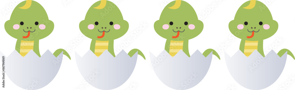 Fototapeta premium 卵の殻から顔を出して笑う四匹の可愛いヘビ