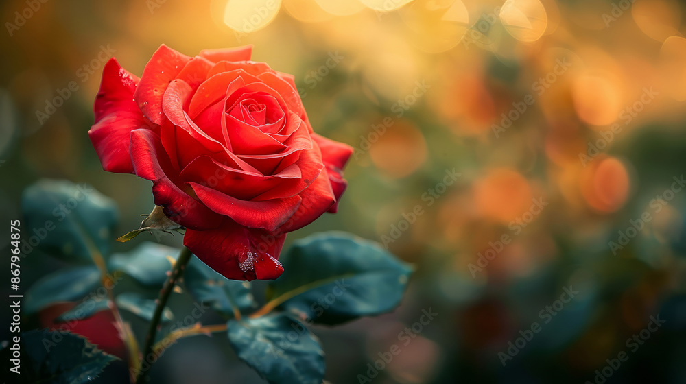 Radiant Red Rose in Soft Focus Garden with Warm Glow Background Radiant Red Rose in Soft Focus Garden with Warm Glow Background