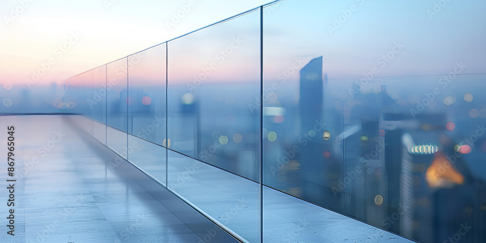 Modern Urban Skyline View Through Glass Railing at Dawn Modern Urban Skyline View Through Glass Railing at Dawn