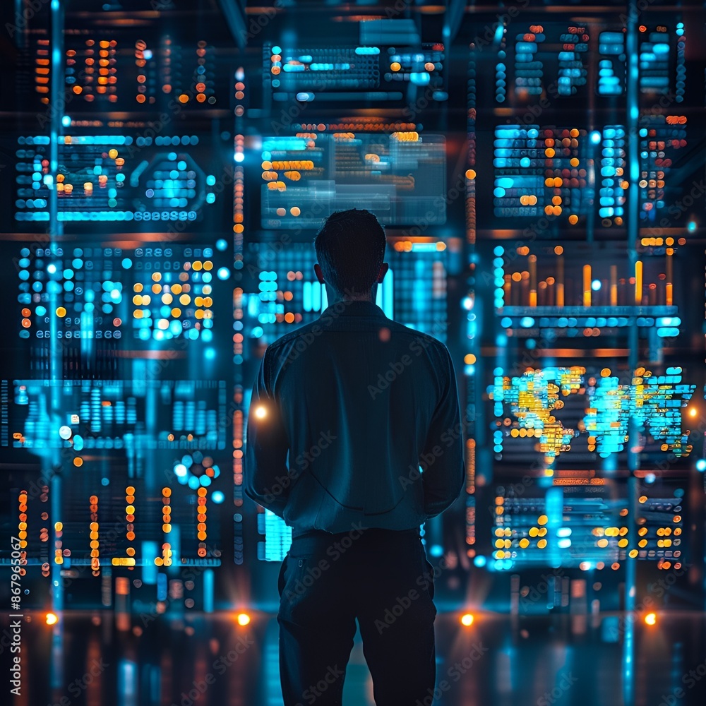 A person standing in front of a computer displaying diverse data. A person standing in front of a computer displaying diverse data.