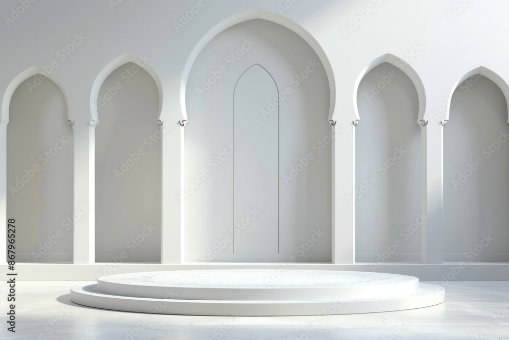 Minimal white podium in elegant Moroccan or Islamic style arch architecture with sunlight for product placement. Empty space background for cosmetic product display. 3D rendering. Minimal white podium in elegant Moroccan or Islamic style arch architecture with sunlight for product placement. Empty space background for cosmetic product display. 3D rendering.