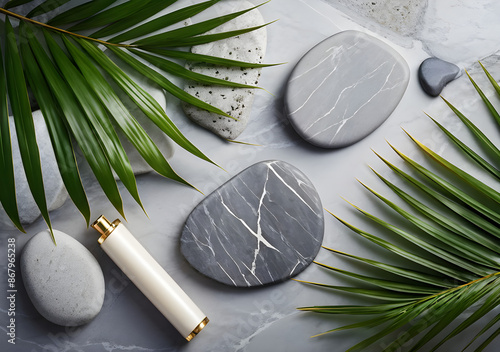 Grey spa background, spa concept, palm leaves and grey stones, top view. Generative AI